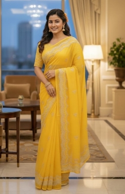 Picture of Exclusive Design উন্নত মানের সেমি মসলিন শাড়ি সাথে  আলাদা ব্লাউস পিস আছে Embroidery work Saree for women - Yellow