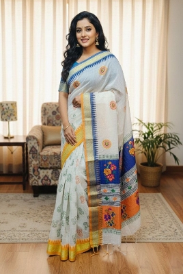 Picture of Exclusive Design প্রিমিয়াম মাহিশা শাড়ী Embroidery and dollor work Half silk Saree for women - White