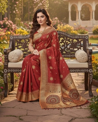 Picture of Exclusive Design প্রিমিয়াম মাহিশা শাড়ী Embroidery and dollor work Half silk Saree for women - Maroon