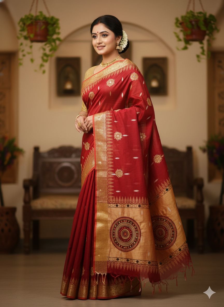 Picture of Exclusive Design প্রিমিয়াম মাহিশা শাড়ী Embroidery and dollor work Half silk Saree for women - Maroon