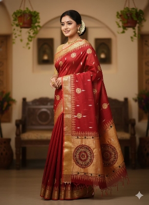 Picture of Exclusive Design প্রিমিয়াম মাহিশা শাড়ী Embroidery and dollor work Half silk Saree for women - Maroon