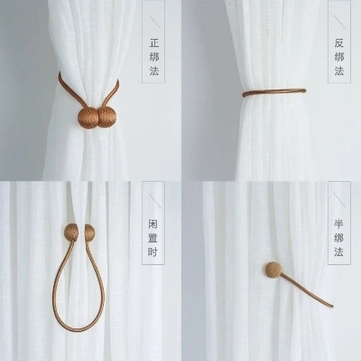 Picture of Hook Holder 2 Pcs Set Magnetic Pearl Ball Curtains Tiebacks Decorative Weave Rope Holdbacks Buckle