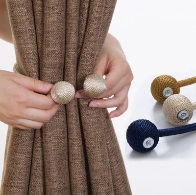 Picture of Hook Holder 2 Pcs Set Magnetic Pearl Ball Curtains Tiebacks Decorative Weave Rope Holdbacks Buckle