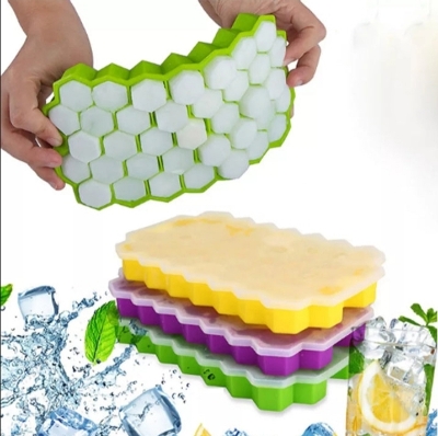 Picture of Silicone lce Cube Trays with Lids Honeycomb Silicone lce Cube Tray 37 Grid lce Cube Mold Flexible SiliconAe 37 Cavities Honeycomb Shaped Stackable Durable Dishwasher Safe Silicone lce Cube Tray Mold Maker With Lid
