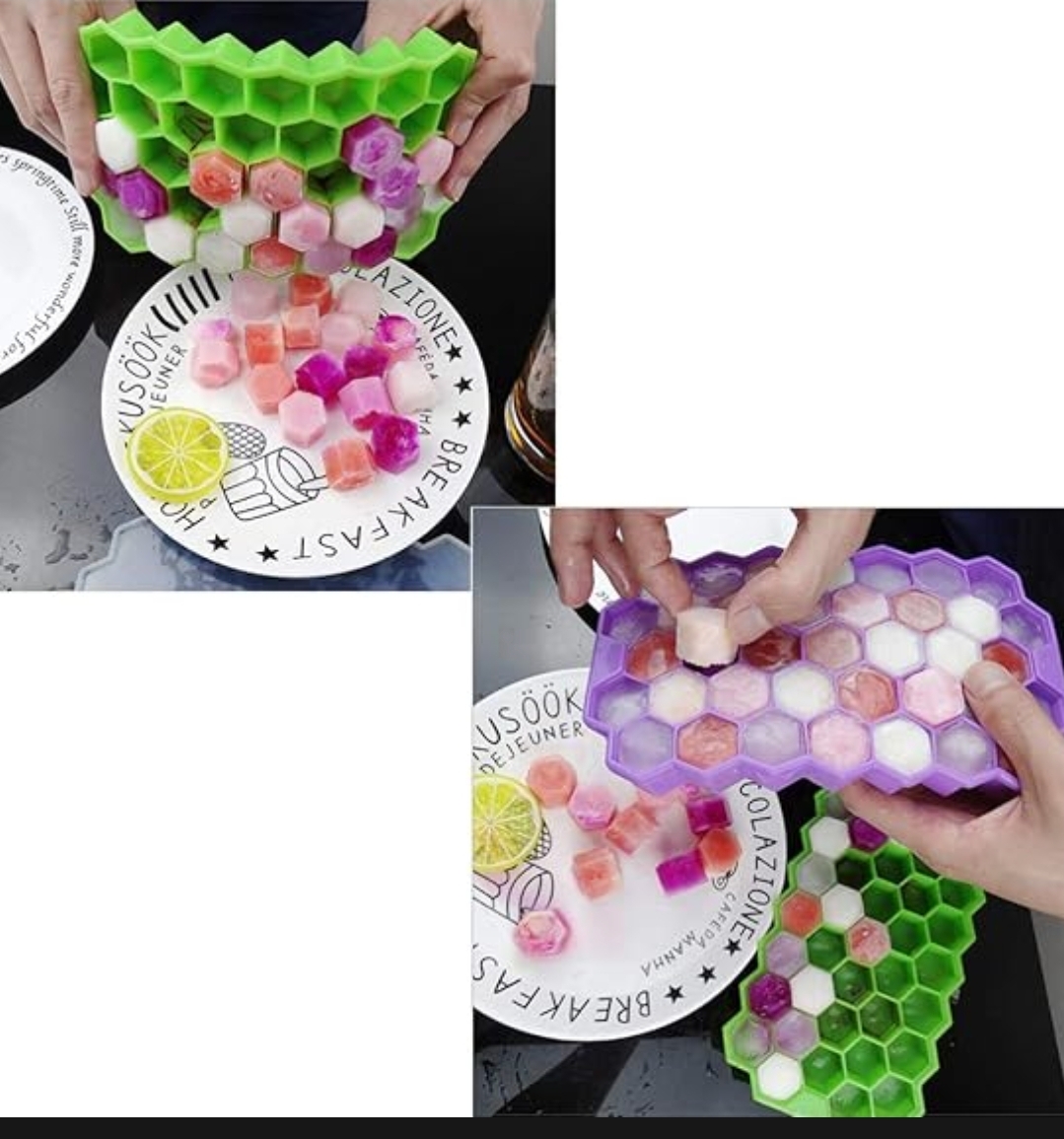 Picture of Silicone lce Cube Trays with Lids Honeycomb Silicone lce Cube Tray 37 Grid lce Cube Mold Flexible SiliconAe 37 Cavities Honeycomb Shaped Stackable Durable Dishwasher Safe Silicone lce Cube Tray Mold Maker With Lid