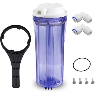 Picture of 10" Reverse Osmosis Filter Clear Housing ( Made in Taiwan )for Ro System -1/4" Inlet/Outlet-2.5" x 10" ( With 1pcs PP Filter & Clam ) Full Set. - Clear