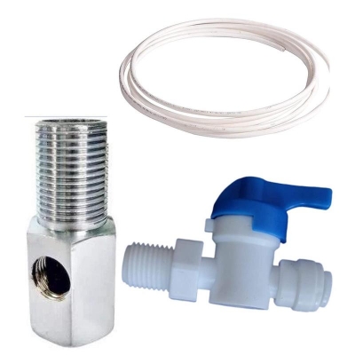 Picture of Ball Valve Set of 1/4Inch with Plastic Connector for Connection with Raw Water Tap Suitable for All Types of RO UV UF Water Purifiers With 10 feet 1/4" Pipe.