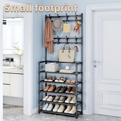 Picture of 1 piece simple multi-functional coat and shoe rack on the floor, modern and simple style, easy to assemble - Black