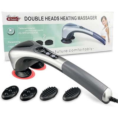 Picture of Double Head Electric Body Massager Variable Speed Infrared Hand Full Body Massage Hammer for Neck Shoulder Back Foot Pain - Grey