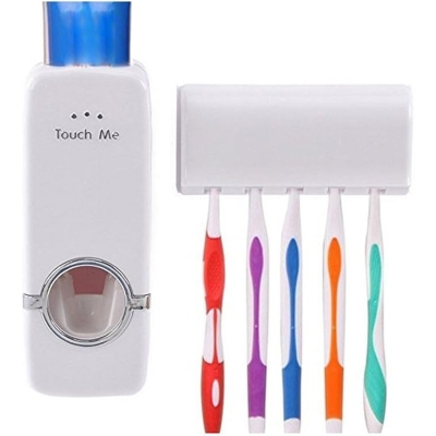 Picture of Modern No-Mess Toothpaste Dispenser and Brush Holder | Wall Mounted, Hands-Free Operation, Keeps Bathroom Tidy - White