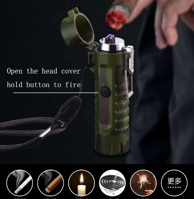 Picture of Waterproof Lighter, USB Plasma Lighter, Rechargeable Electric Lighter with Flashlight, Flameless Lighter, Windproof Arc Lighter, For Outdoor Camping Hiking (Black) - Black