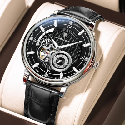 Picture of Poedagar 1416 Automatic Mechanical Watch For Men- Black Silver Dial Black Belt