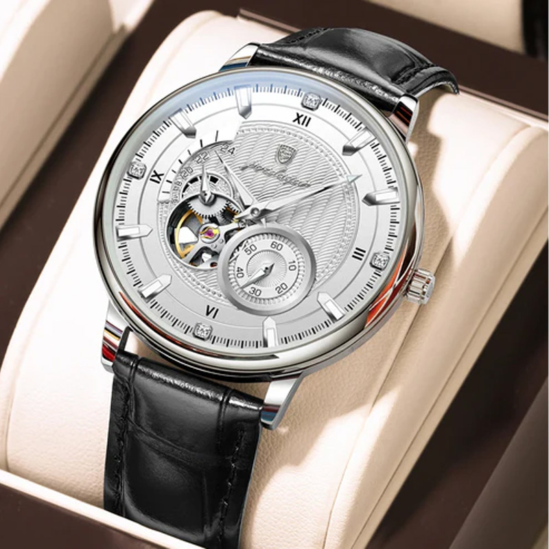 Picture of Poedagar 1416 Automatic Mechanical Watch For Men-White Dial Black Belt