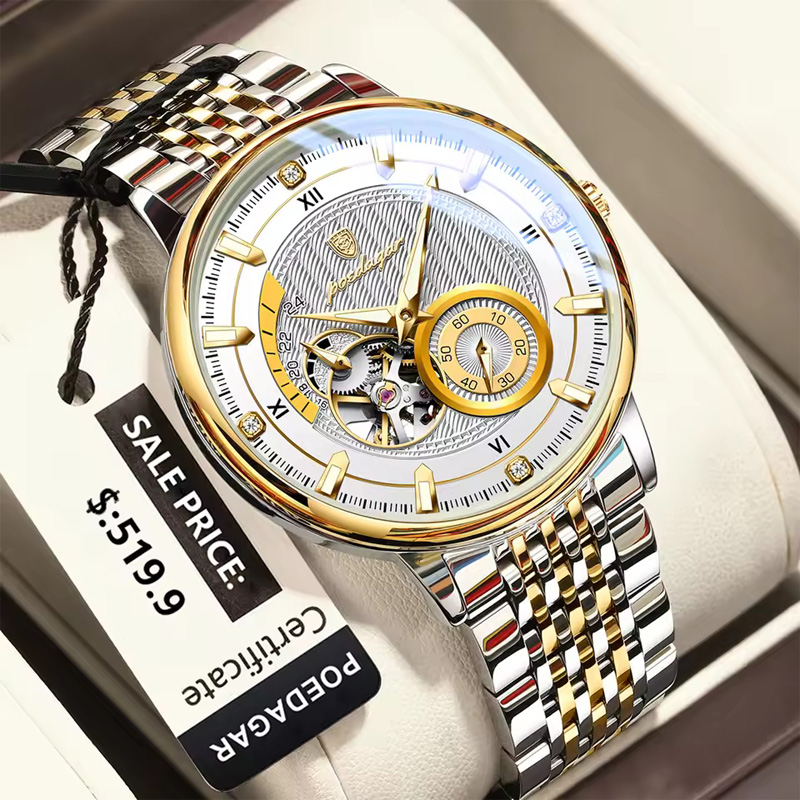 Picture of POEDAGAR 1416 Luxury Fashion Automatic Mechanical Stainless Steel Men’s Watch – Gold White