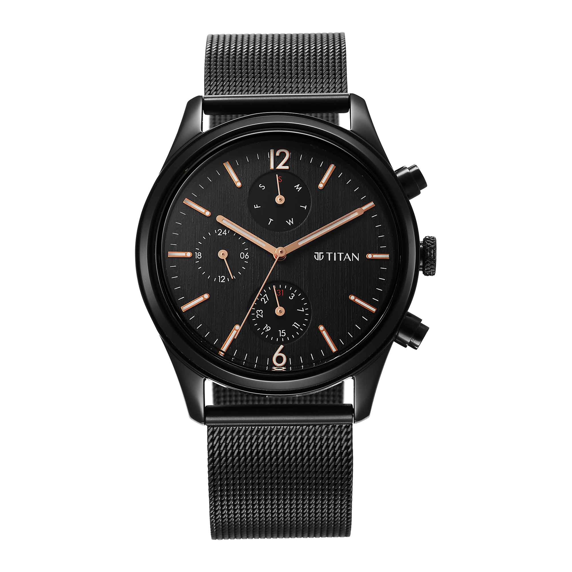 Picture of Titan Neo Black & Gold Quartz Analog with Day and Date Black Dial Stainless Steel Strap Watch for Men