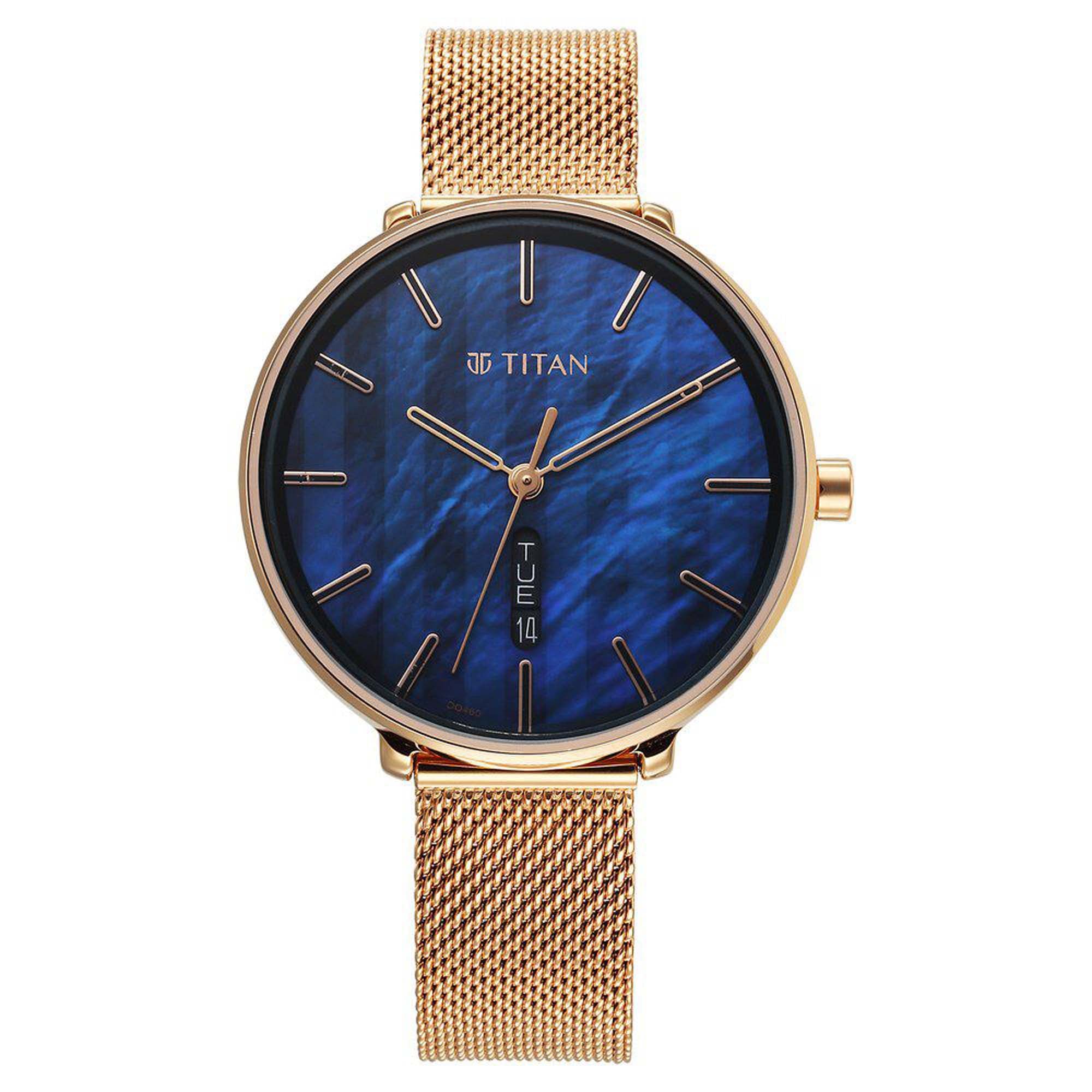 Picture of Titan Neo Analog with Day and Date Mother Of Pearl Dial Rose Gold Color Stainless Steel Strap Watch For Women