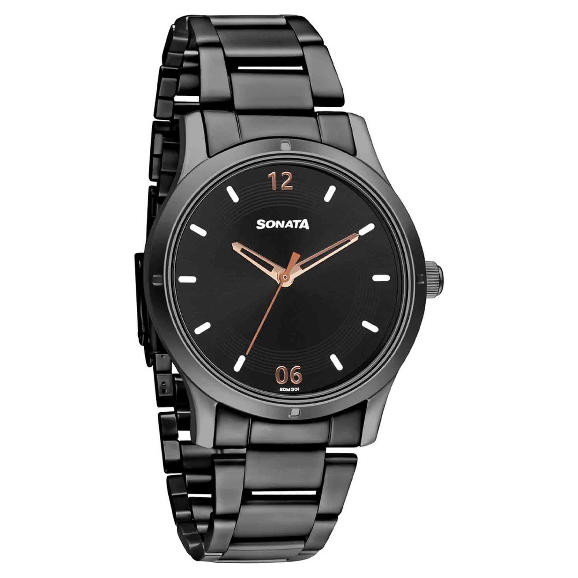 Picture of Sonata Women of Steel Black Dial Stainless Steel Strap Watch for Women