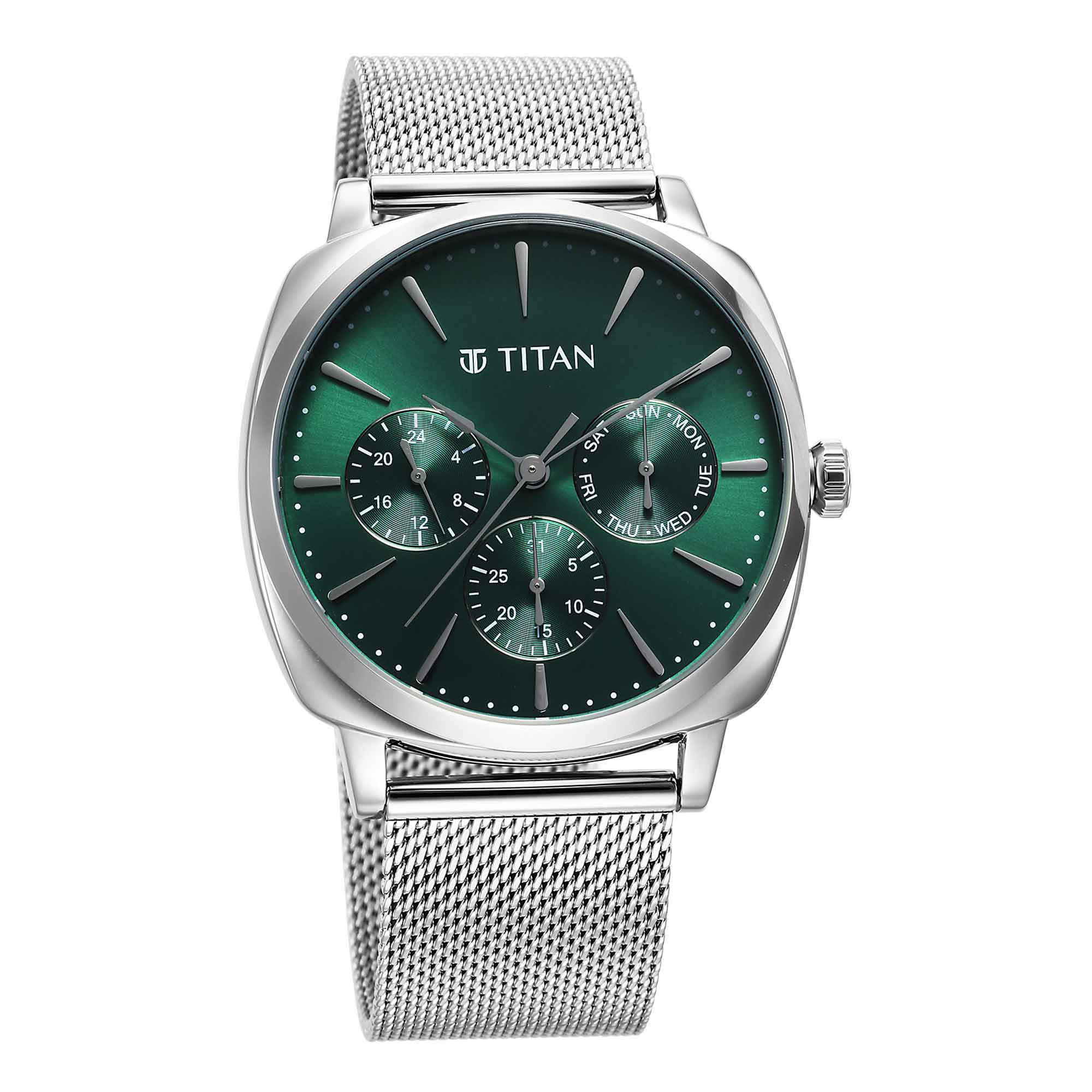 Picture of Titan Classique Suave Quartz Green Dial Silver Stainless Steel Mesh Strap Watch for Men