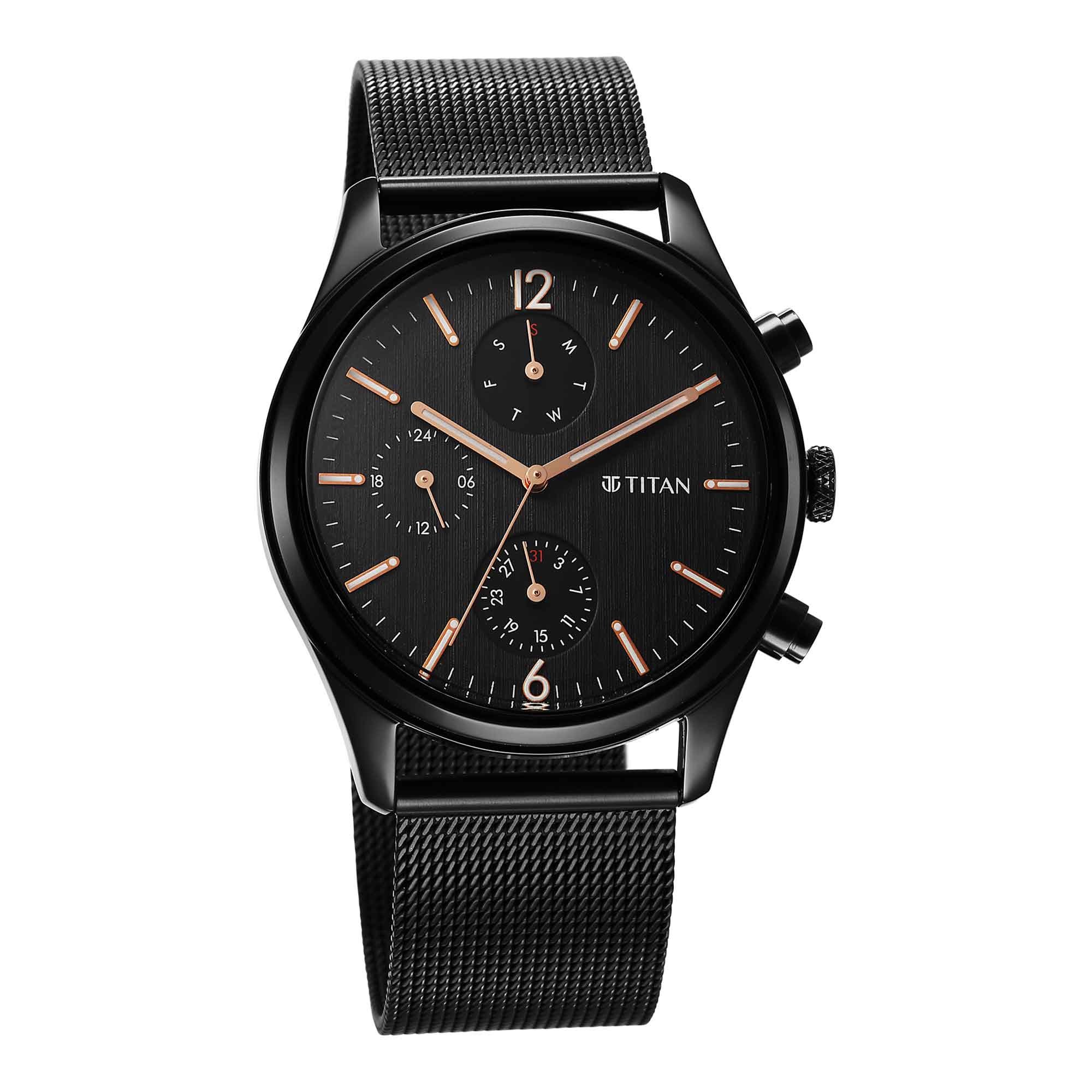 Picture of Titan Neo Black & Gold Quartz Analog with Day and Date Black Dial Stainless Steel Strap Watch for Men