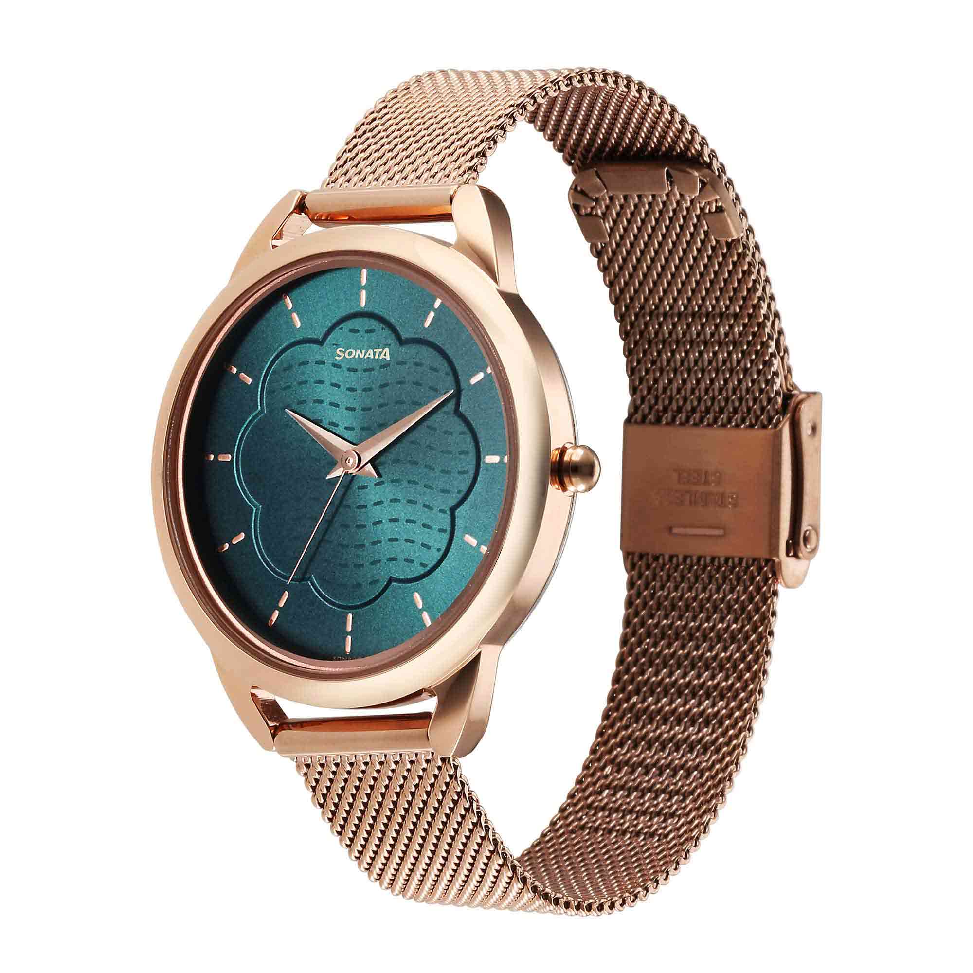 Picture of Sonata Wedding Quartz Analog Green Dial Stainless Steel Strap Watch for Women