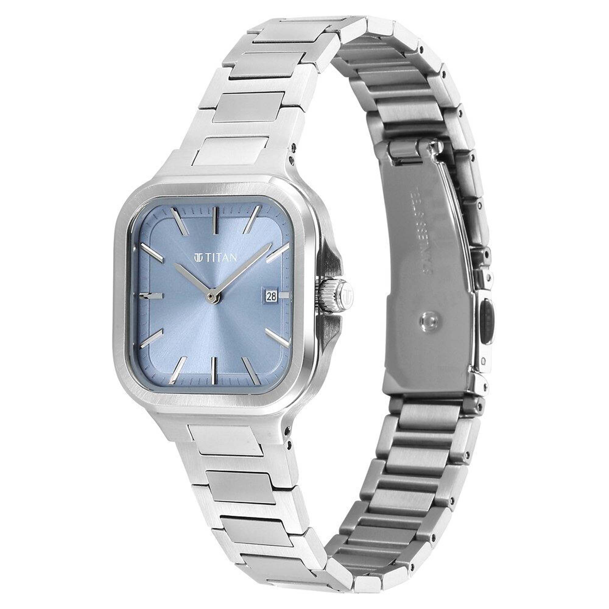 Picture of Titan Slim Square Quartz Analog with Date Blue Dial With Silver Color Stainless Steel Strap Watch For Women