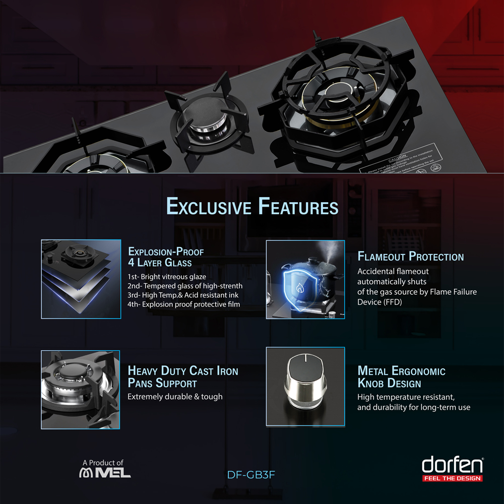 Picture of DORFEN Glass Gas Stove with 3-Burners - 30x18