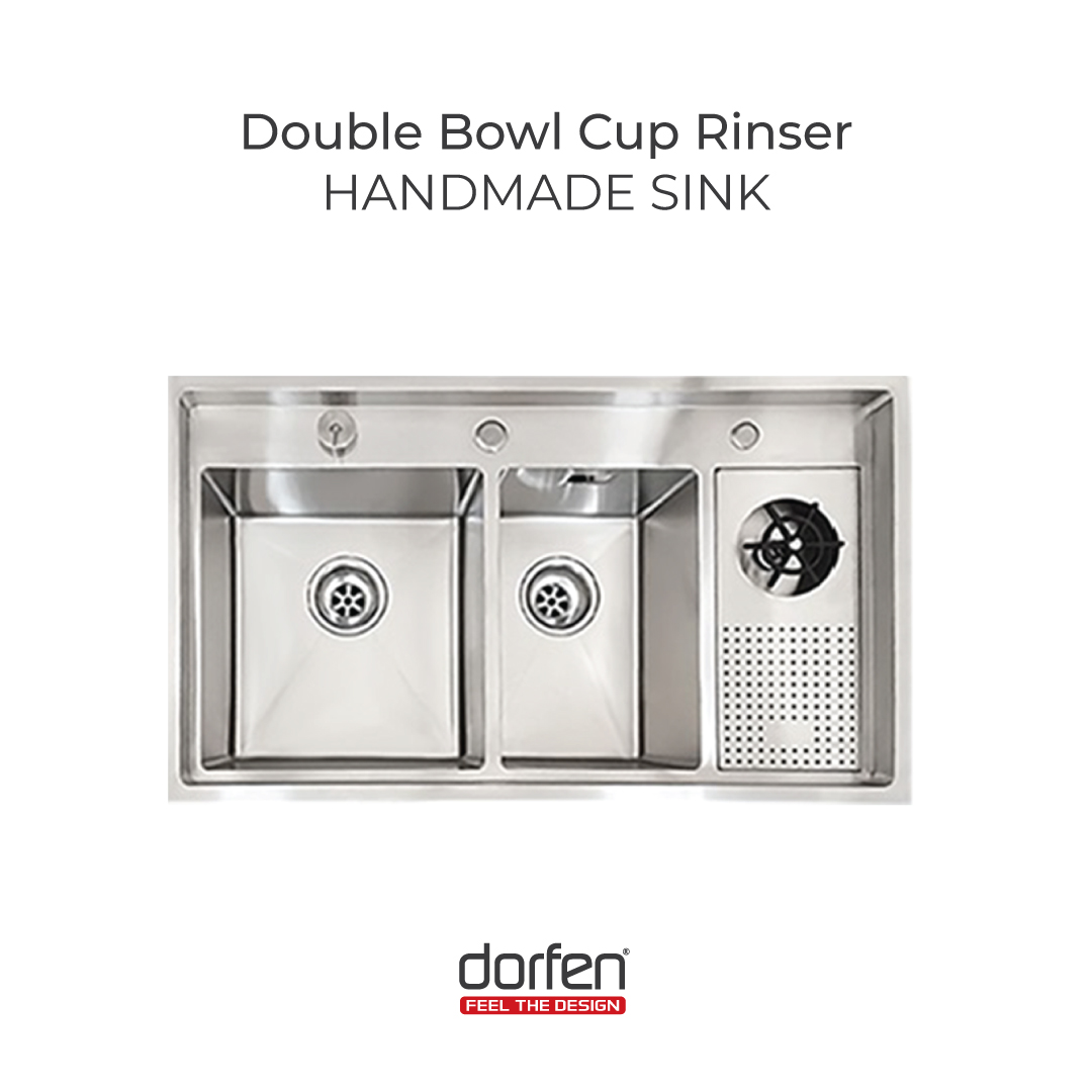 Picture of DORFEN Double Bowl Cup Rinser Handmade Sink - 36x18x9