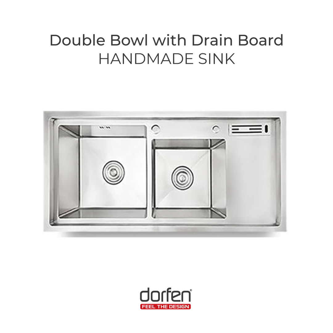Picture of DORFEN Double Bowl with Drain Board Handmade Sink - 40x18x9