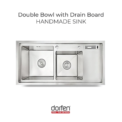 Picture of DORFEN Double Bowl with Drain Board Handmade Sink - 40x18x9