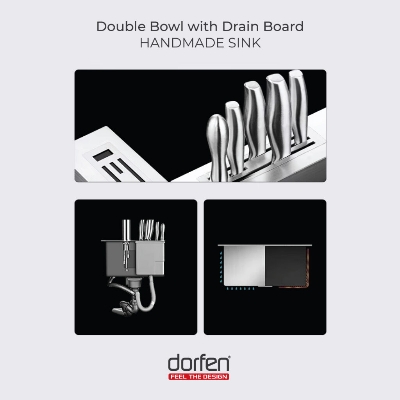 Picture of DORFEN Double Bowl with Drain Board Handmade Sink - 40x18x9