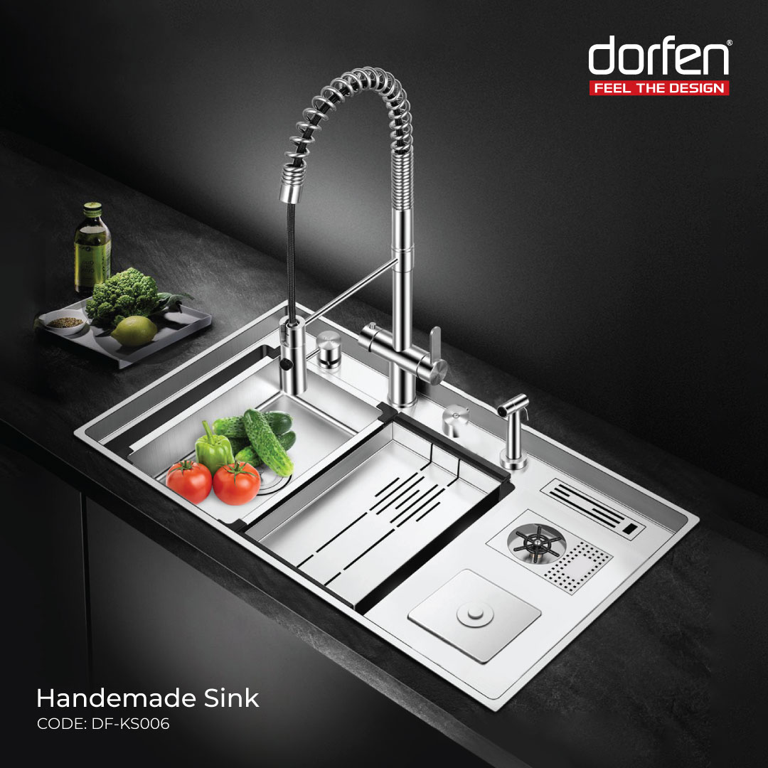 Picture of DORFEN Double Bowl with Drain Board Handmade Sink - 48x20x9