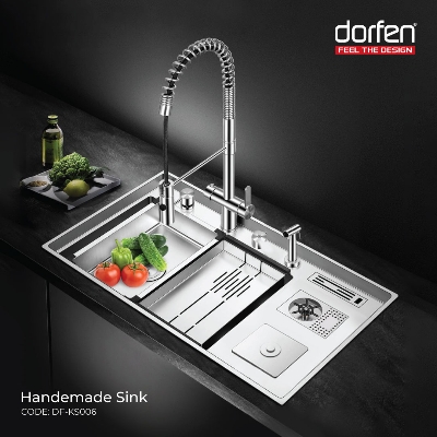 Picture of DORFEN Double Bowl with Drain Board Handmade Sink - 48x20x9