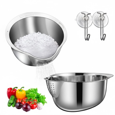 Picture of DOPMEP Rice Washer Strainer Bowl - 4-in-1 Washing Bowl for Quinoa, Stainless Steel Rinser With Side Drainers Small Colander for Cleaning Fruits, Vegetables, and Beans - Versatile Kitchen Tool