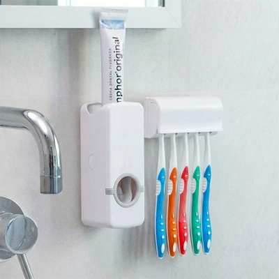 Picture of Automatic Toothpaste Dispenser Wall Mount Storage Rack Dust-proof Holder Wall Toothbrush Storage Box Bathroom Accessories Set