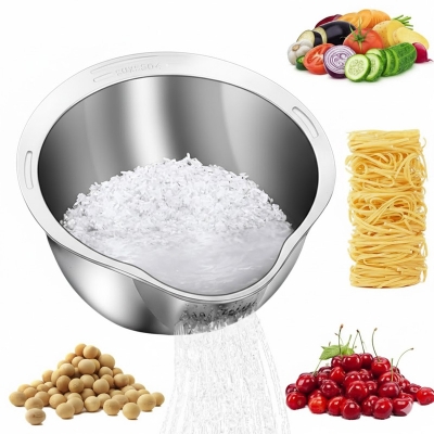 Picture of KesaPlan Rice Washer Strainer Bowl, 4-in-1 Washer Bowl Stainless Steel Rice Rinser Strainer Sink Colanders With Side Drainers for Cleaning Fruits, Vegetables, and Beans, Versatile Kitchen Tool