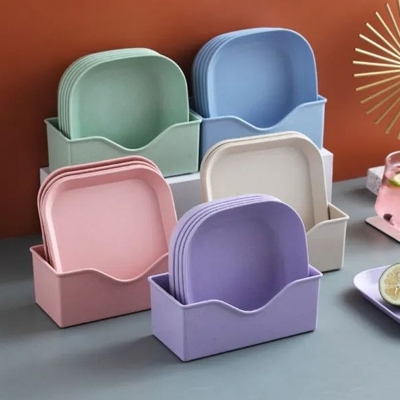 Picture of Plastic Maid 10Pcs Square Dinner Plates With Holder (KD : 324) Different colors in a set ]