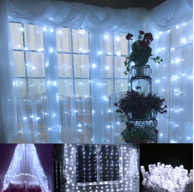 Picture of LED Curtain String Fairy Lights 9.8x9.8 Ft – 8 Modes, Cool White – Plug-in Decorative Lights for Wall, Window, Bedroom, Party & Backdrop - White