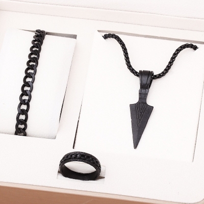 Picture of 3pcs Trendy Stainless Steel Square Pendant Chain+Bracelet +Ring for Men - Sleek & Classic Design