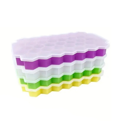 Picture of 37 Cavities Honeycomb Shaped Stackable Durable Dishwasher Safe Silicone Ice Cube Tray Mold Maker With Lid