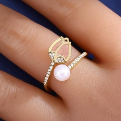 Picture of Gold Tulip Flower Bud Opal Ring Women's Daily Life Simple Pearl Opening Ring -Flower Open Rings Fashion Jewelry- Ring For Girls