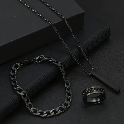 Picture of 3-Piece Mens Stainless Steel Glamour - Fashionable Pendant Necklace Bracelet & Ring Set for Men