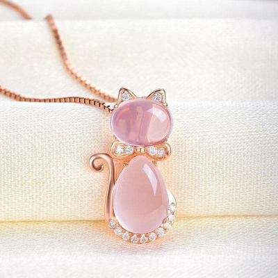 Picture of New Rose Natural Stone Cat Pendant Necklace Girls Jewelry Necklace for Women