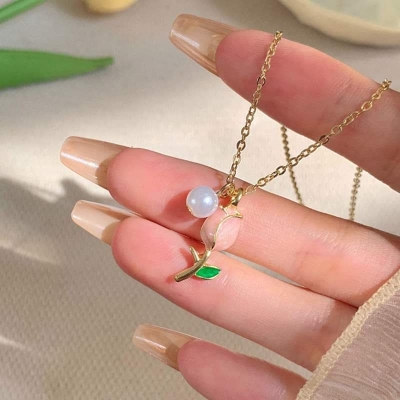 Picture of Elegant  Korean Cute Tulip Flower Shaped Pendant Peach Pearl Flower Chain ,Fashionable Jewelry  Chain For Girls