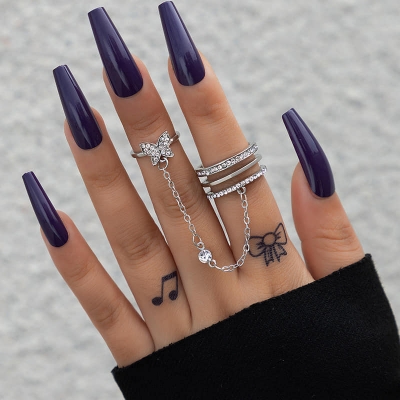 Picture of Butterfly Rings for Women Bling Crystal Rhinestones Finger Ring for Girls with Chain Tassel Finger Tip Rings