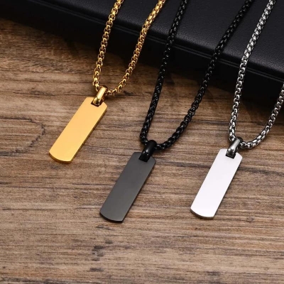 Picture of Simple Stainless Steel Necklace Women's Shiny Vertical Striped Rectangle Pendant Neck Fashionable Punk Jewelry Accessories for Men