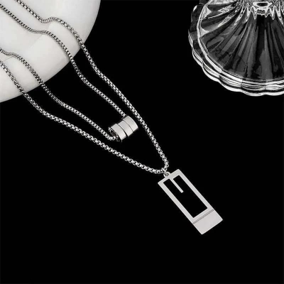 Picture of Pendant Necklaces Black Color Pillar Necklace For Men Trendy Stainless Steel Chain Pattern Bar Party Jewelry Couple Gift