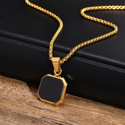 Picture of Square Natural Stone Stainless Steel Golden Metal Chain For Men