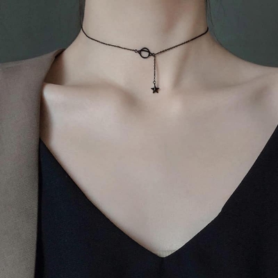 Picture of Black Moon and Planet Pendant. Hollow Flower Bowknot Choker Necklace for Women. Simple Clavicle Chain. Korean Jewelry.