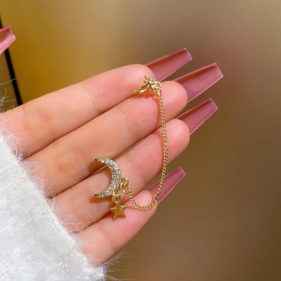 Picture of Highly Durable - Gold Star Moon Crystal Map Cross Small Cuff Clip Earring For Women - Sustainable Choice - Designed - Urban Vibes