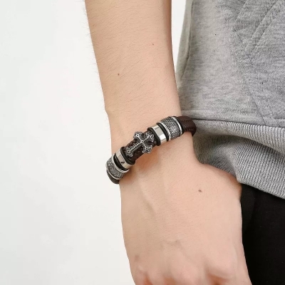 Picture of Versatile -Cross Bracelet High Quality Male Jewelry Bracelet Leather Rope Chain Stainless Steel Magnetic Clasp WristBand- Avant-garde